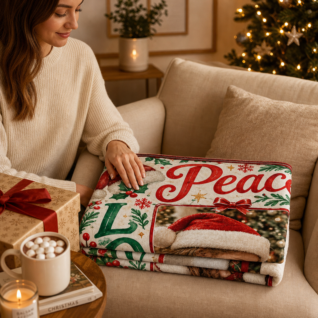 Personalized Photo Peace Love Joy Hope Christmas Blanket, Custom Picture Holiday Fleece Blanket for Family Kids, Cozy Xmas Throw Keepsake Gift