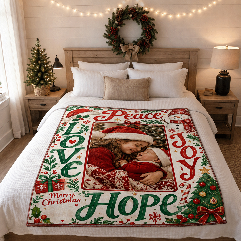 Personalized Photo Peace Love Joy Hope Christmas Blanket, Custom Picture Holiday Fleece Blanket for Family Kids, Cozy Xmas Throw Keepsake Gift