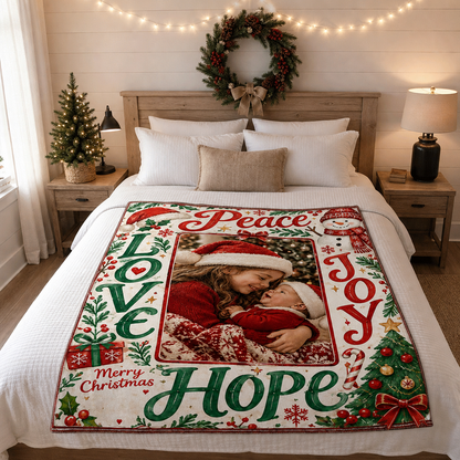 Personalized Photo Peace Love Joy Hope Christmas Blanket, Custom Picture Holiday Fleece Blanket for Family Kids, Cozy Xmas Throw Keepsake Gift