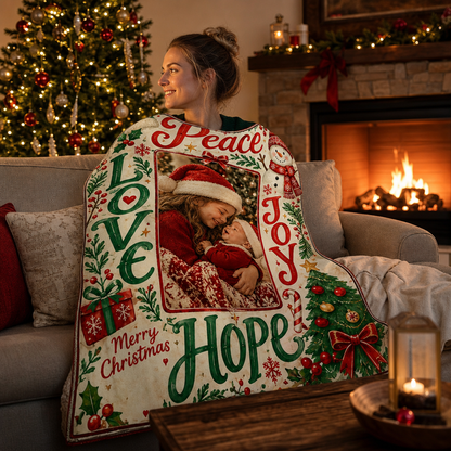 Personalized Photo Peace Love Joy Hope Christmas Blanket, Custom Picture Holiday Fleece Blanket for Family Kids, Cozy Xmas Throw Keepsake Gift