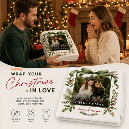 Personalized Photo Green Ribbon Christmas Blanket, Custom Name Olive Green Ribbon Holiday Fleece Blanket for Kids Family, Cozy Xmas Picture Throw Keepsake Gift