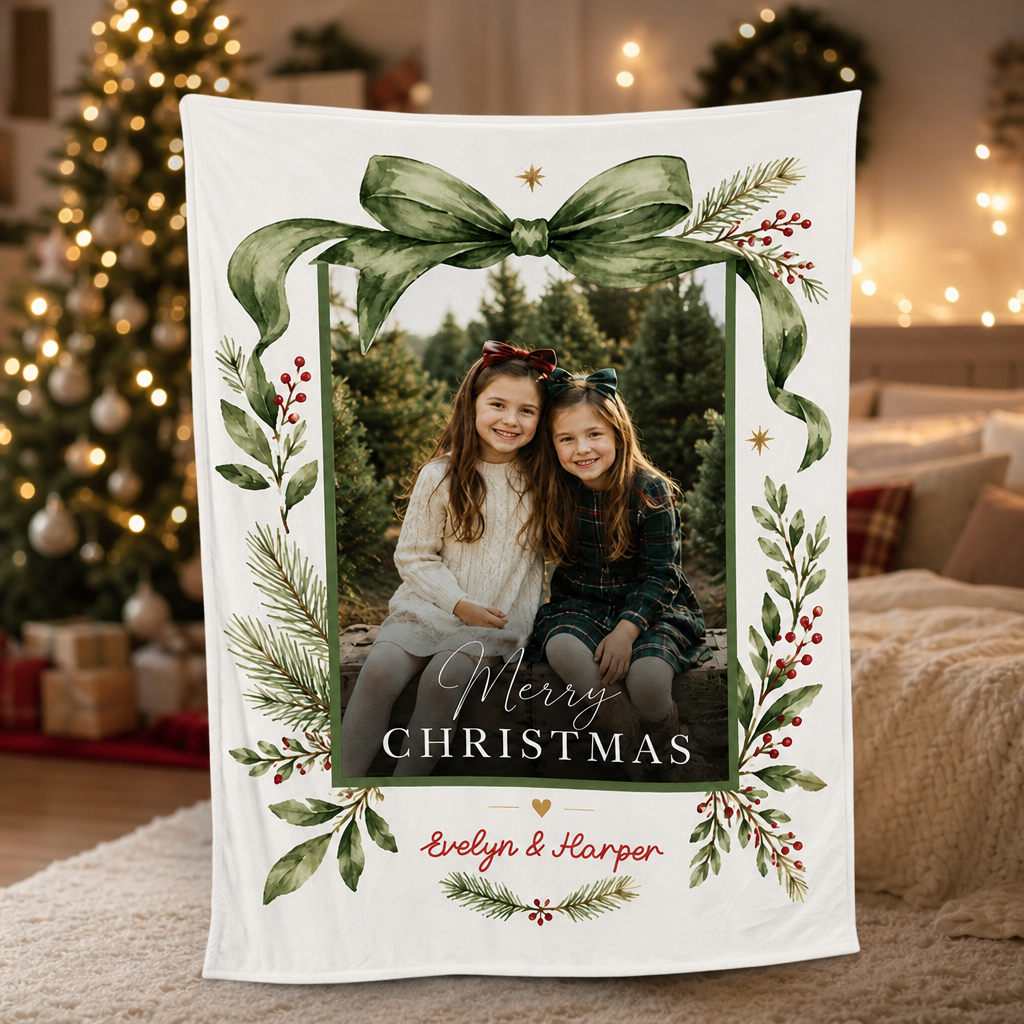 Personalized Photo Green Ribbon Christmas Blanket, Custom Name Olive Green Ribbon Holiday Fleece Blanket for Kids Family, Cozy Xmas Picture Throw Keepsake Gift
