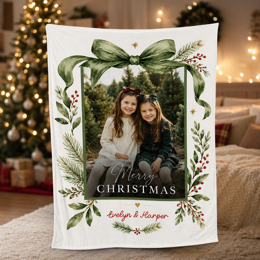 Personalized Photo Green Ribbon Christmas Blanket, Custom Name Olive Green Ribbon Holiday Fleece Blanket for Kids Family, Cozy Xmas Picture Throw Keepsake Gift