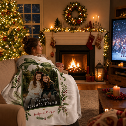 Personalized Photo Green Ribbon Christmas Blanket, Custom Name Olive Green Ribbon Holiday Fleece Blanket for Kids Family, Cozy Xmas Picture Throw Keepsake Gift
