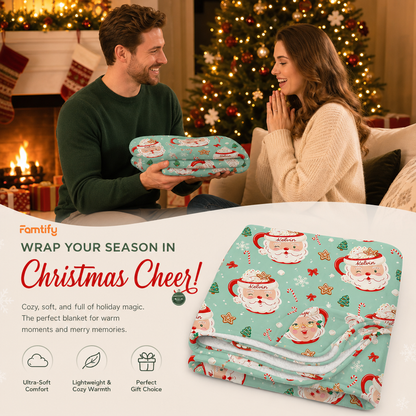 Personalized Santa and Mrs Claus Hot Cocoa Christmas Blanket, Custom Name Mint Green Holiday Fleece Blanket, Cozy Xmas Mug Pattern Throw Keepsake Gift