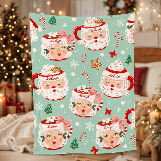 Personalized Santa and Mrs Claus Hot Cocoa Christmas Blanket, Custom Name Mint Green Holiday Fleece Blanket, Cozy Xmas Mug Pattern Throw Keepsake Gift