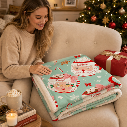 Personalized Santa and Mrs Claus Hot Cocoa Christmas Blanket, Custom Name Mint Green Holiday Fleece Blanket, Cozy Xmas Mug Pattern Throw Keepsake Gift