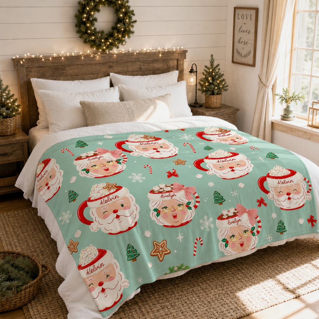 Personalized Santa and Mrs Claus Hot Cocoa Christmas Blanket, Custom Name Mint Green Holiday Fleece Blanket, Cozy Xmas Mug Pattern Throw Keepsake Gift