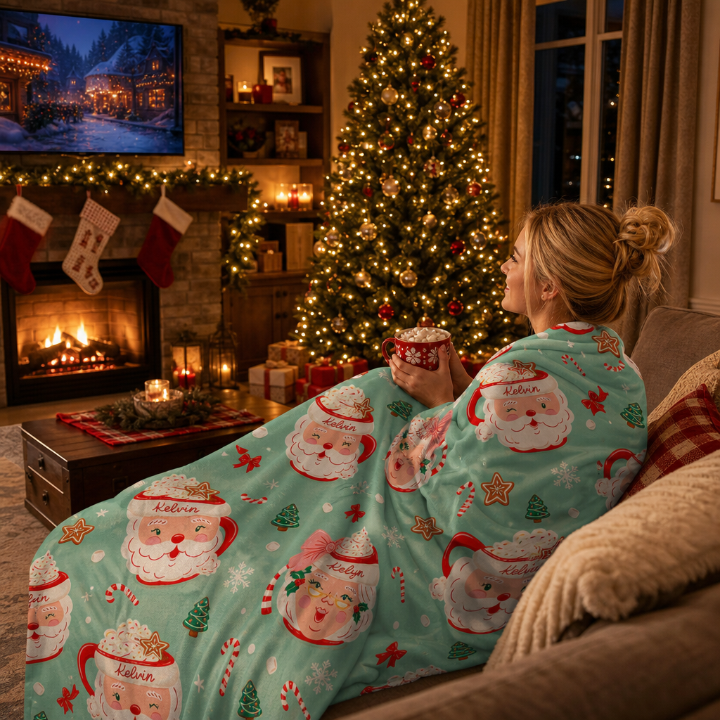 Personalized Santa and Mrs Claus Hot Cocoa Christmas Blanket, Custom Name Mint Green Holiday Fleece Blanket, Cozy Xmas Mug Pattern Throw Keepsake Gift