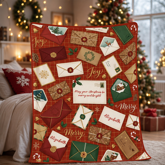 Personalized Christmas Letters Envelopes Blanket, Custom Name Vintage Red Holiday Fleece Blanket, Cozy Xmas Postcards Throw Keepsake Gift