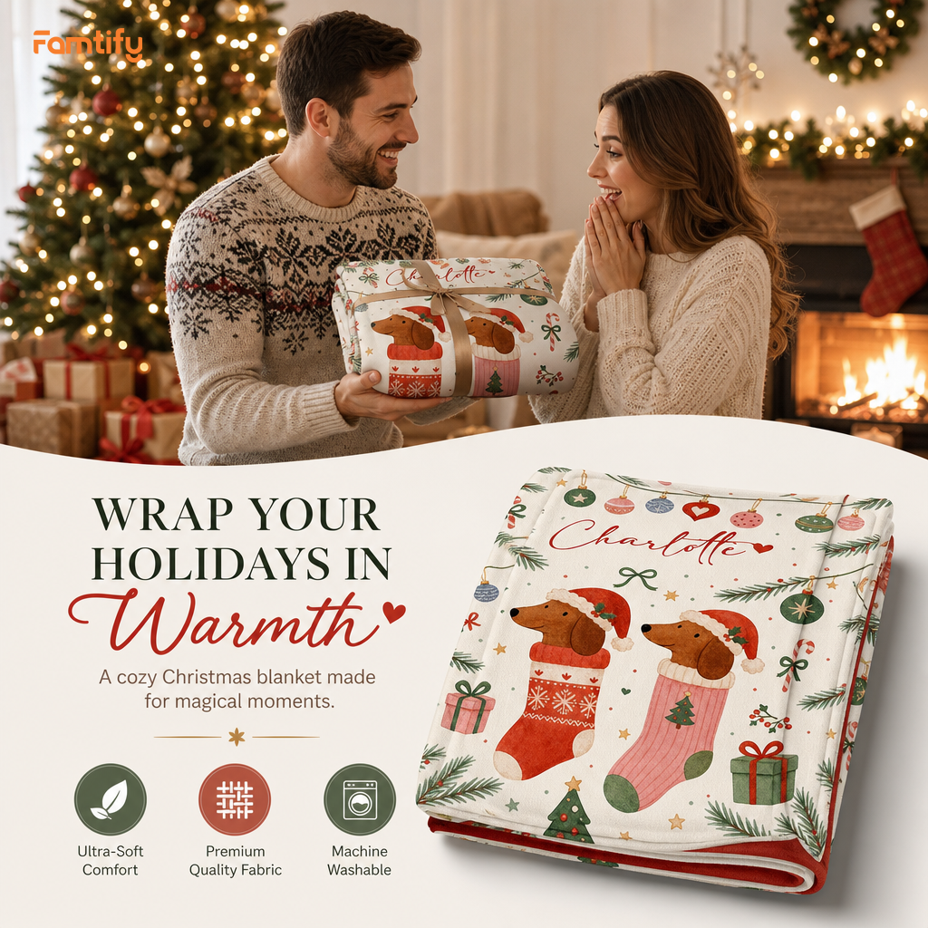 Personalized Dachshund Christmas Blanket, Custom Name Dachshund Dogs in Stockings Holiday Fleece Blanket for Dog Lovers, Cozy Xmas Dog Throw Keepsake Gift