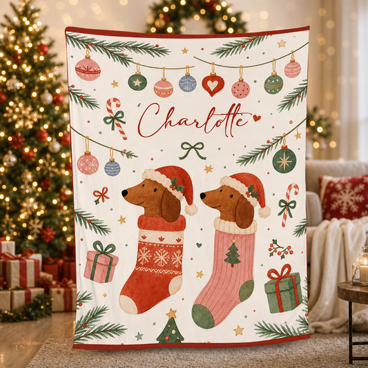 Personalized Dachshund Christmas Blanket, Custom Name Dachshund Dogs in Stockings Holiday Fleece Blanket for Dog Lovers, Cozy Xmas Dog Throw Keepsake Gift