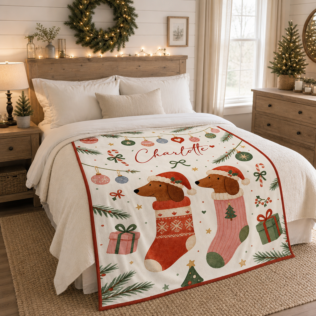 Personalized Dachshund Christmas Blanket, Custom Name Dachshund Dogs in Stockings Holiday Fleece Blanket for Dog Lovers, Cozy Xmas Dog Throw Keepsake Gift