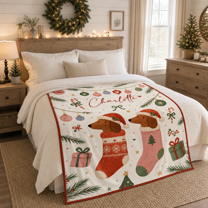 Personalized Dachshund Christmas Blanket, Custom Name Dachshund Dogs in Stockings Holiday Fleece Blanket for Dog Lovers, Cozy Xmas Dog Throw Keepsake Gift