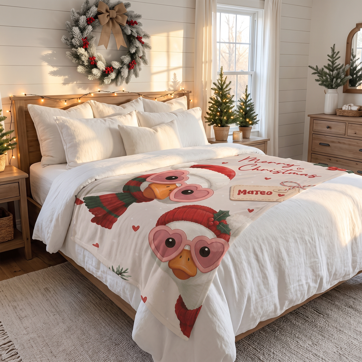 Personalized Cute Goose Christmas Blanket, Custom Name White Geese Heart Sunglasses Holiday Fleece Blanket, Cozy Xmas Goose Throw Keepsake Gift