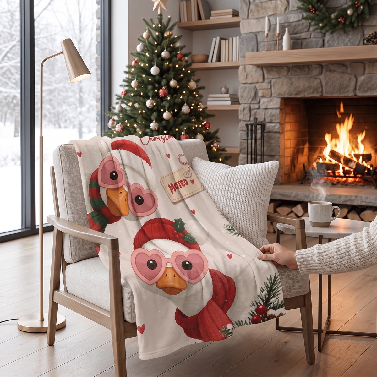 Personalized Cute Goose Christmas Blanket, Custom Name White Geese Heart Sunglasses Holiday Fleece Blanket, Cozy Xmas Goose Throw Keepsake Gift