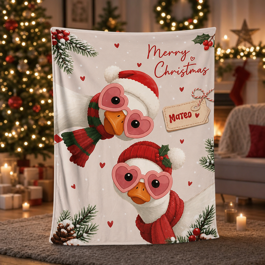 Personalized Cute Goose Christmas Blanket, Custom Name White Geese Heart Sunglasses Holiday Fleece Blanket, Cozy Xmas Goose Throw Keepsake Gift