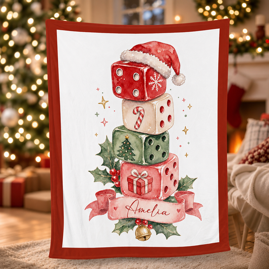 Personalized Stacked Christmas Dice Blanket, Custom Name Holiday Fleece Blanket, Cozy Xmas Game Night Throw Keepsake Gift