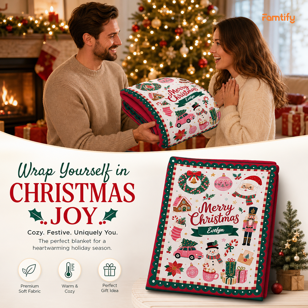 Personalized Vintage Christmas Icons Blanket, Custom Name Polka Dot Border Holiday Fleece Blanket, Cozy Xmas Gingerbread Nutcracker Throw Keepsake Gift