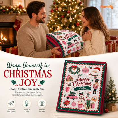 Personalized Vintage Christmas Icons Blanket, Custom Name Polka Dot Border Holiday Fleece Blanket, Cozy Xmas Gingerbread Nutcracker Throw Keepsake Gift