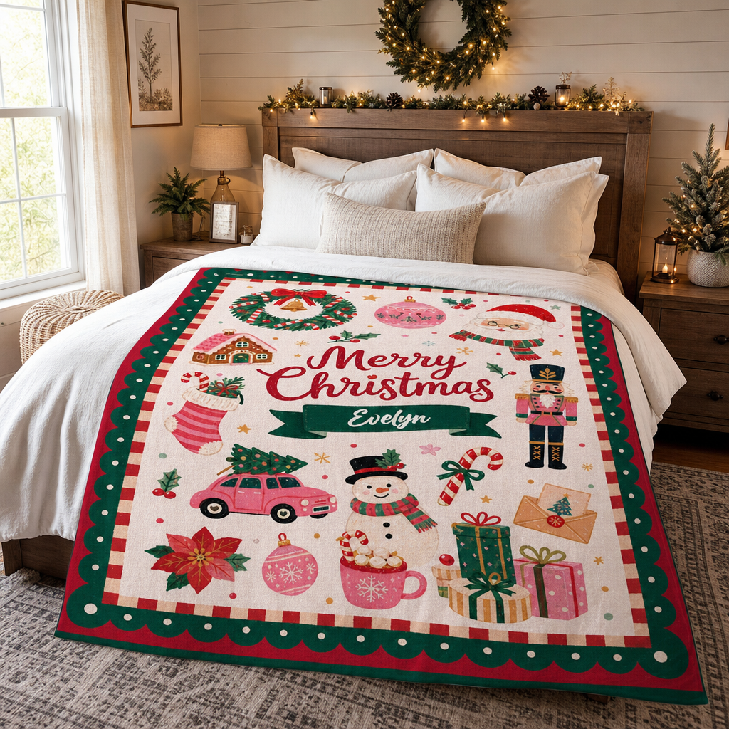 Personalized Vintage Christmas Icons Blanket, Custom Name Polka Dot Border Holiday Fleece Blanket, Cozy Xmas Gingerbread Nutcracker Throw Keepsake Gift
