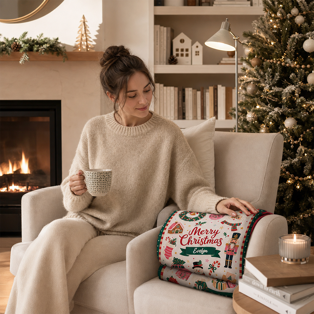 Personalized Vintage Christmas Icons Blanket, Custom Name Polka Dot Border Holiday Fleece Blanket, Cozy Xmas Gingerbread Nutcracker Throw Keepsake Gift