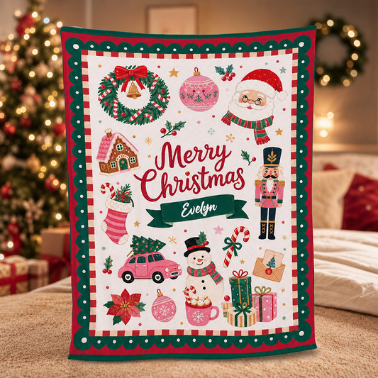 Personalized Vintage Christmas Icons Blanket, Custom Name Polka Dot Border Holiday Fleece Blanket, Cozy Xmas Gingerbread Nutcracker Throw Keepsake Gift