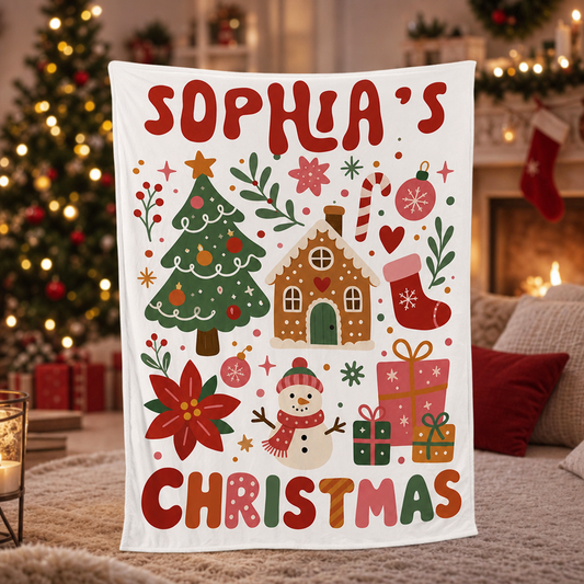 Personalized Christmas Blanket Custom Name, Gingerbread House Snowman Holiday Fleece Blanket for Kids Girls, Cozy Xmas Decor Throw Keepsake Gift