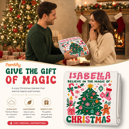 Personalized Believe In The Magic Of Christmas Blanket, Custom Name Retro Christmas Tree Holiday Fleece Blanket for Kids Girls, Cozy Xmas Decor Throw Keepsake Gift