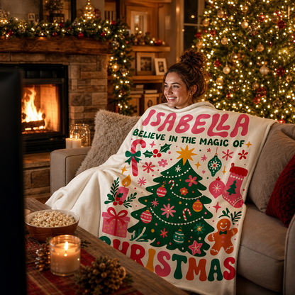 Personalized Believe In The Magic Of Christmas Blanket, Custom Name Retro Christmas Tree Holiday Fleece Blanket for Kids Girls, Cozy Xmas Decor Throw Keepsake Gift