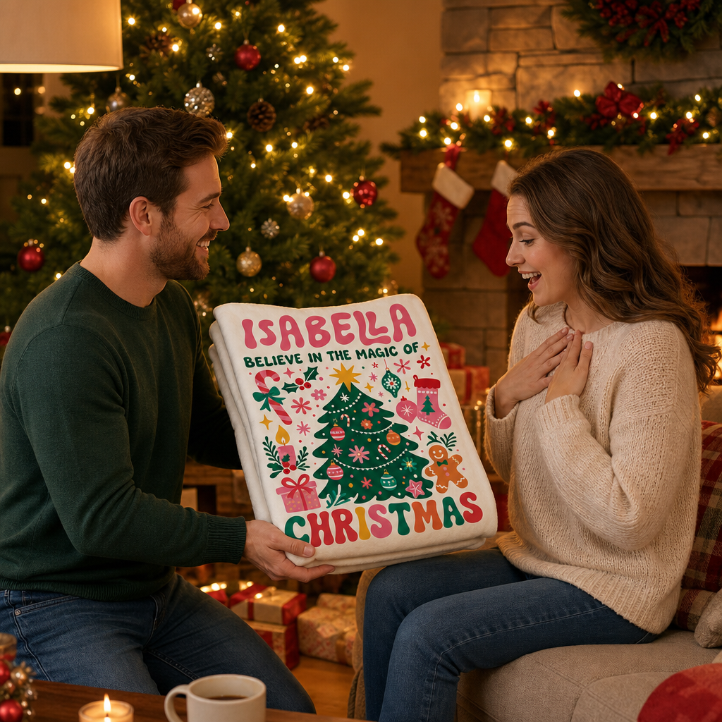 Personalized Believe In The Magic Of Christmas Blanket, Custom Name Retro Christmas Tree Holiday Fleece Blanket for Kids Girls, Cozy Xmas Decor Throw Keepsake Gift