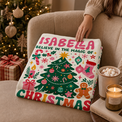 Personalized Believe In The Magic Of Christmas Blanket, Custom Name Retro Christmas Tree Holiday Fleece Blanket for Kids Girls, Cozy Xmas Decor Throw Keepsake Gift