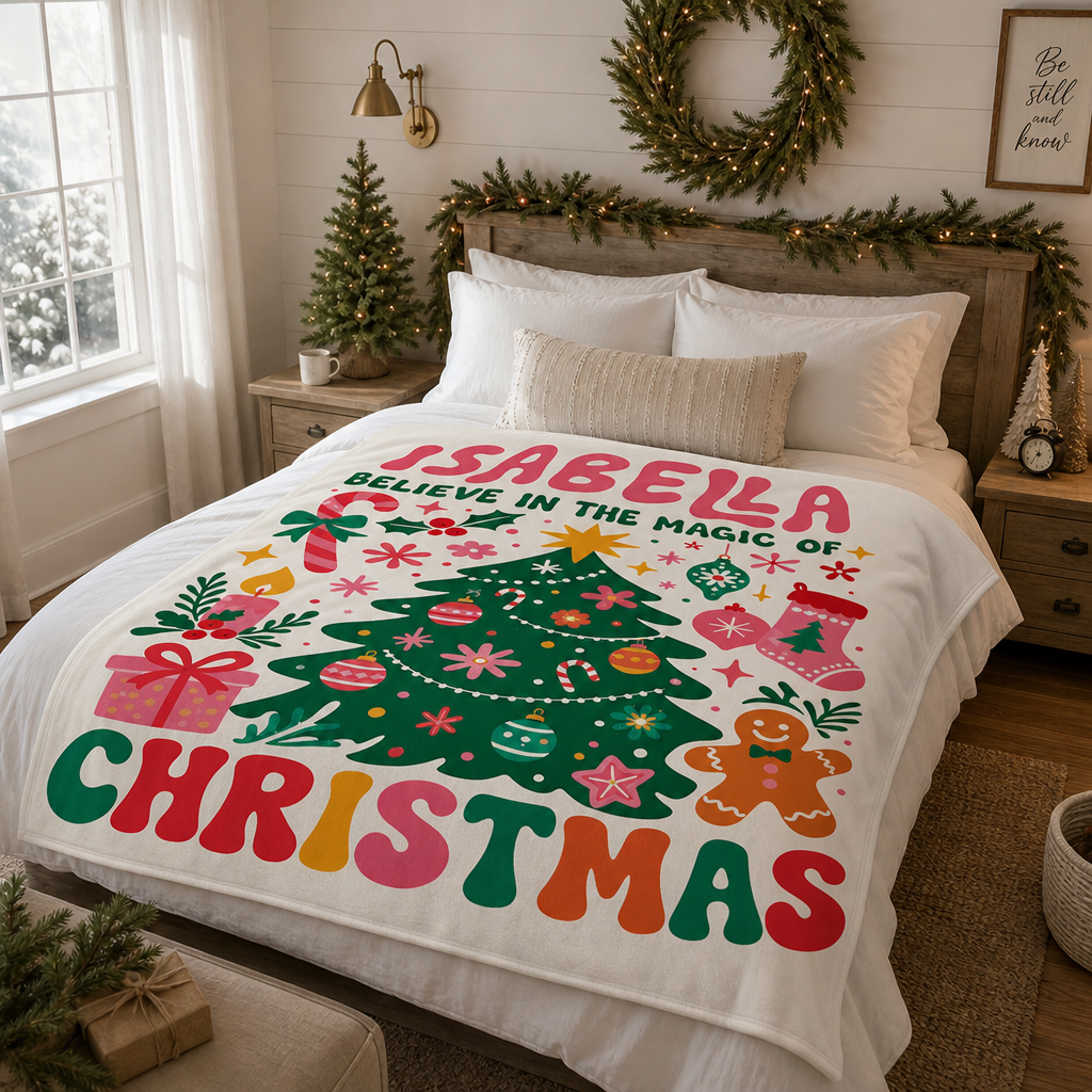 Personalized Believe In The Magic Of Christmas Blanket, Custom Name Retro Christmas Tree Holiday Fleece Blanket for Kids Girls, Cozy Xmas Decor Throw Keepsake Gift