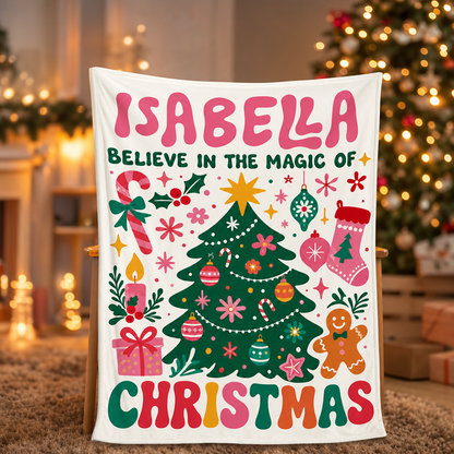Personalized Believe In The Magic Of Christmas Blanket, Custom Name Retro Christmas Tree Holiday Fleece Blanket for Kids Girls, Cozy Xmas Decor Throw Keepsake Gift