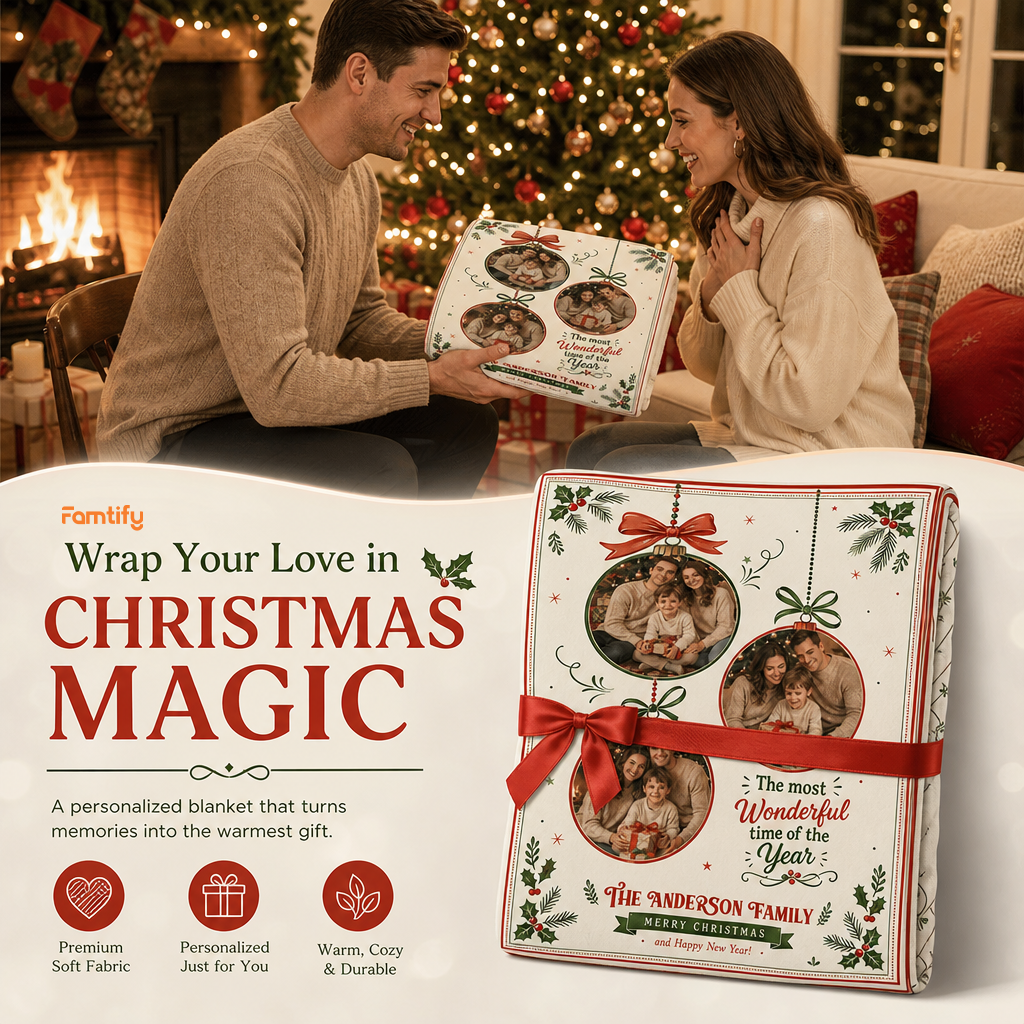Wrap Your Love in Christmas Magic banner showing the three photo ornament blanket tied with a red bow