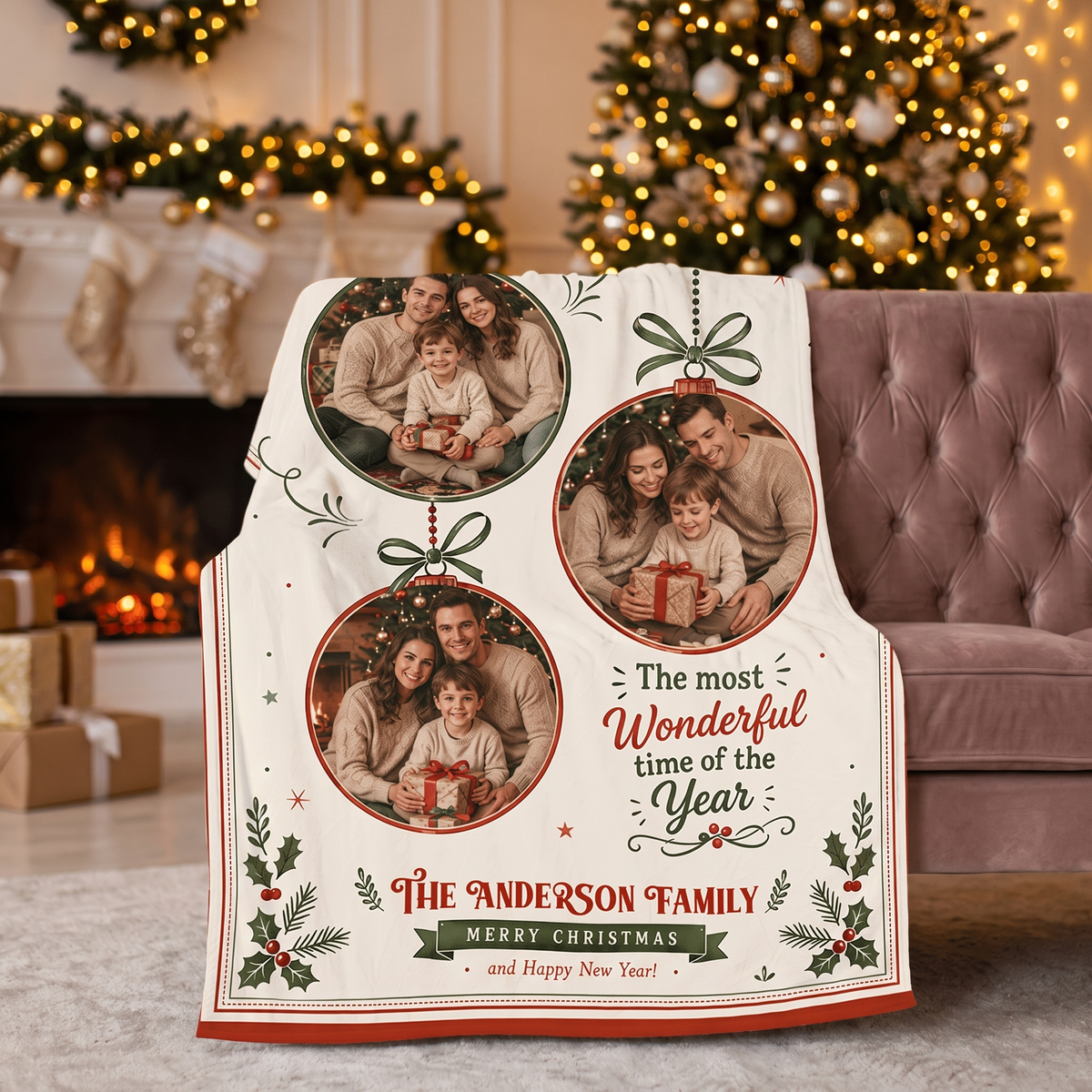 Three photo hanging ornament blanket with custom family name draped over a pink velvet sofa by the fireplace