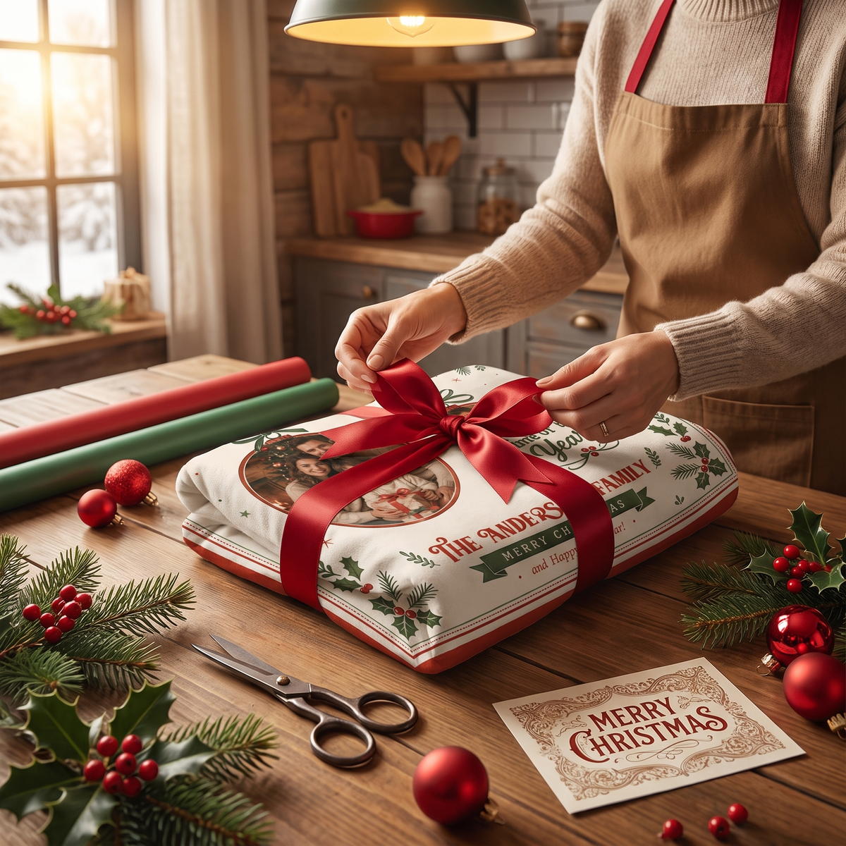Woman in an apron wrapping a folded custom photo ornament Christmas blanket with red ribbon in a kitchen