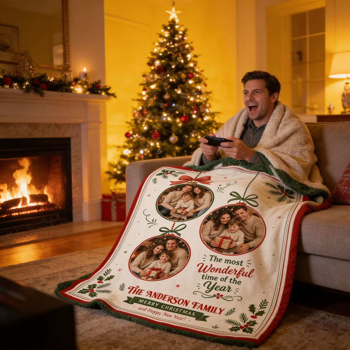 Man playing video games on a sofa wrapped in a three photo ornament Christmas blanket