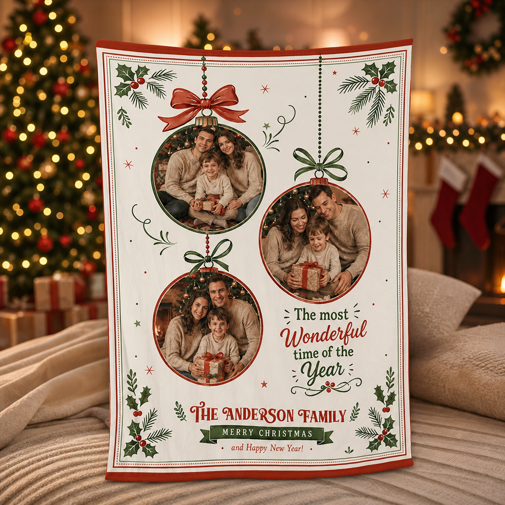 Custom photo ornament Christmas blanket with red border displayed before a lit tree and stockings