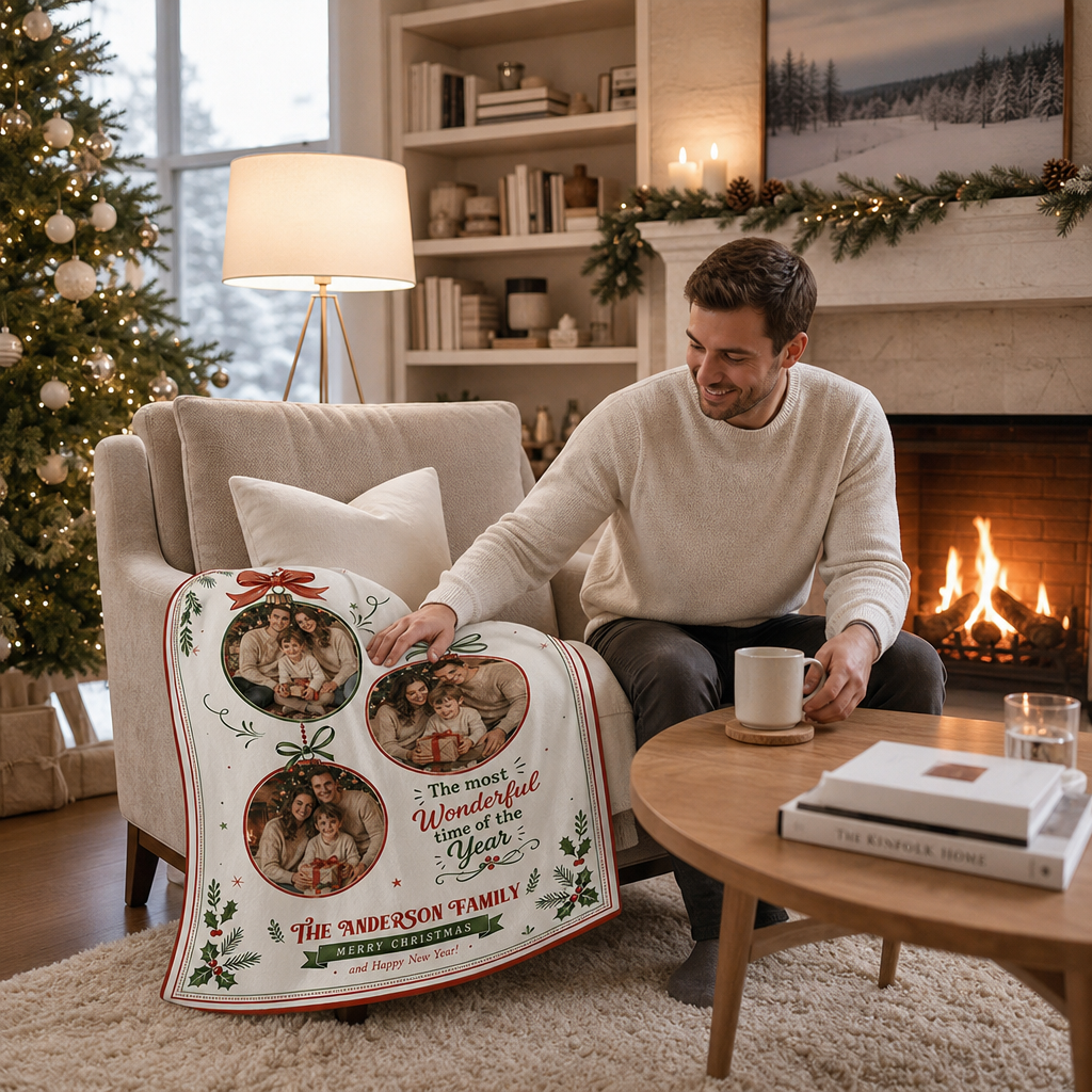 Man in an armchair unfolding a three photo ornament family name Christmas blanket by the fire