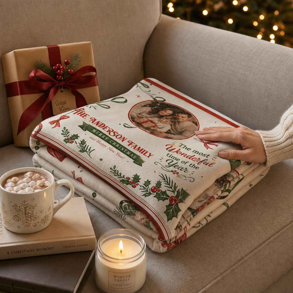 Folded three photo ornament Christmas blanket on a chair next to a wrapped gift, cocoa and candle