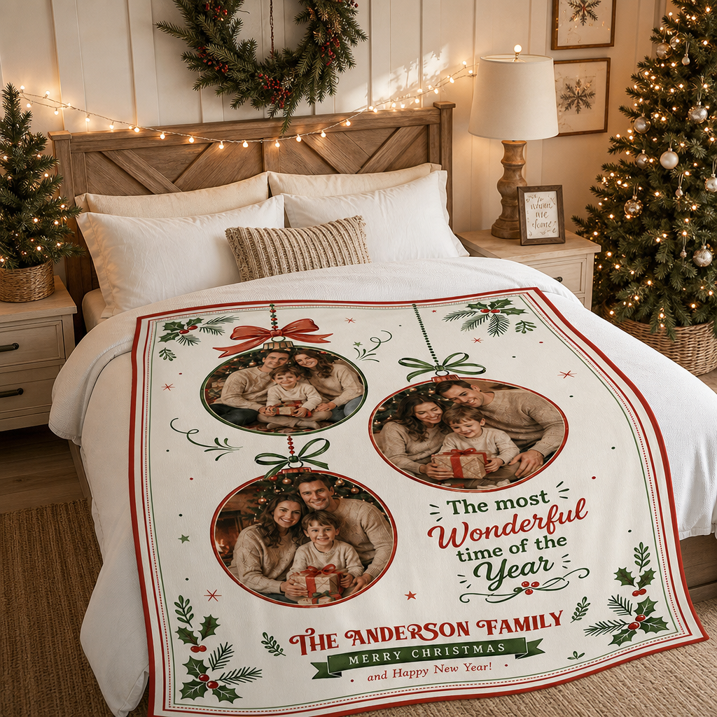 Personalized three photo ornament Christmas blanket laid across a white bed in a farmhouse bedroom
