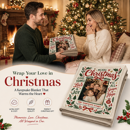 Personalized Photo Merry Christmas Vintage Blanket, Custom Family Name Holiday Fleece Blanket, Cozy Xmas Picture Keepsake Throw Gift
