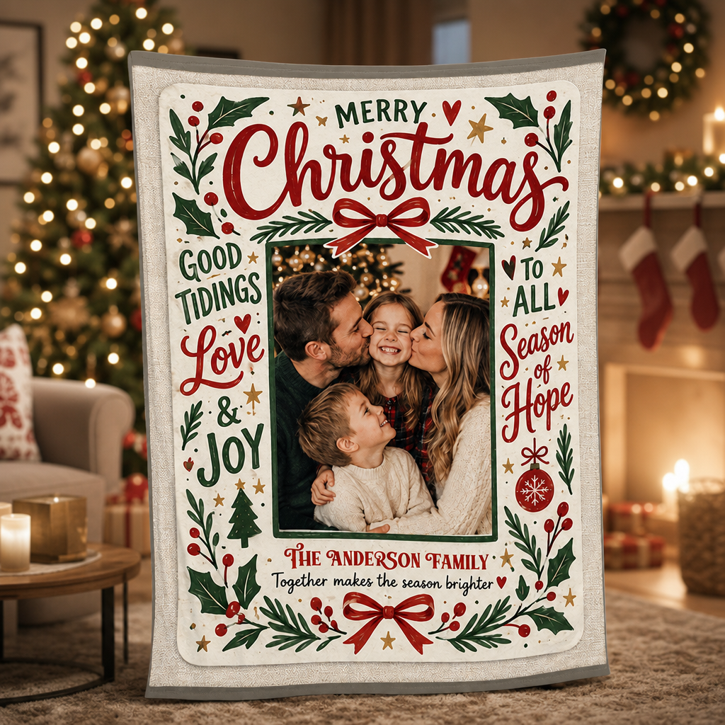Personalized Photo Merry Christmas Vintage Blanket, Custom Family Name Holiday Fleece Blanket, Cozy Xmas Picture Keepsake Throw Gift