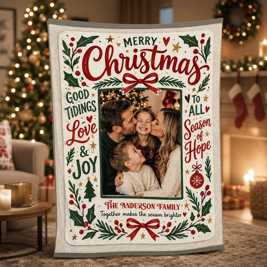 Personalized Photo Merry Christmas Vintage Blanket, Custom Family Name Holiday Fleece Blanket, Cozy Xmas Picture Keepsake Throw Gift