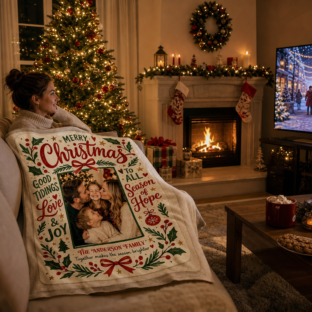 Personalized Photo Merry Christmas Vintage Blanket, Custom Family Name Holiday Fleece Blanket, Cozy Xmas Picture Keepsake Throw Gift
