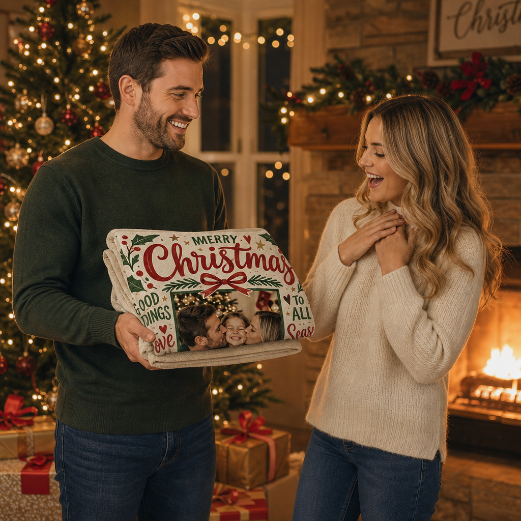 Personalized Photo Merry Christmas Vintage Blanket, Custom Family Name Holiday Fleece Blanket, Cozy Xmas Picture Keepsake Throw Gift