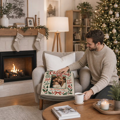 Personalized Photo Merry Christmas Vintage Blanket, Custom Family Name Holiday Fleece Blanket, Cozy Xmas Picture Keepsake Throw Gift
