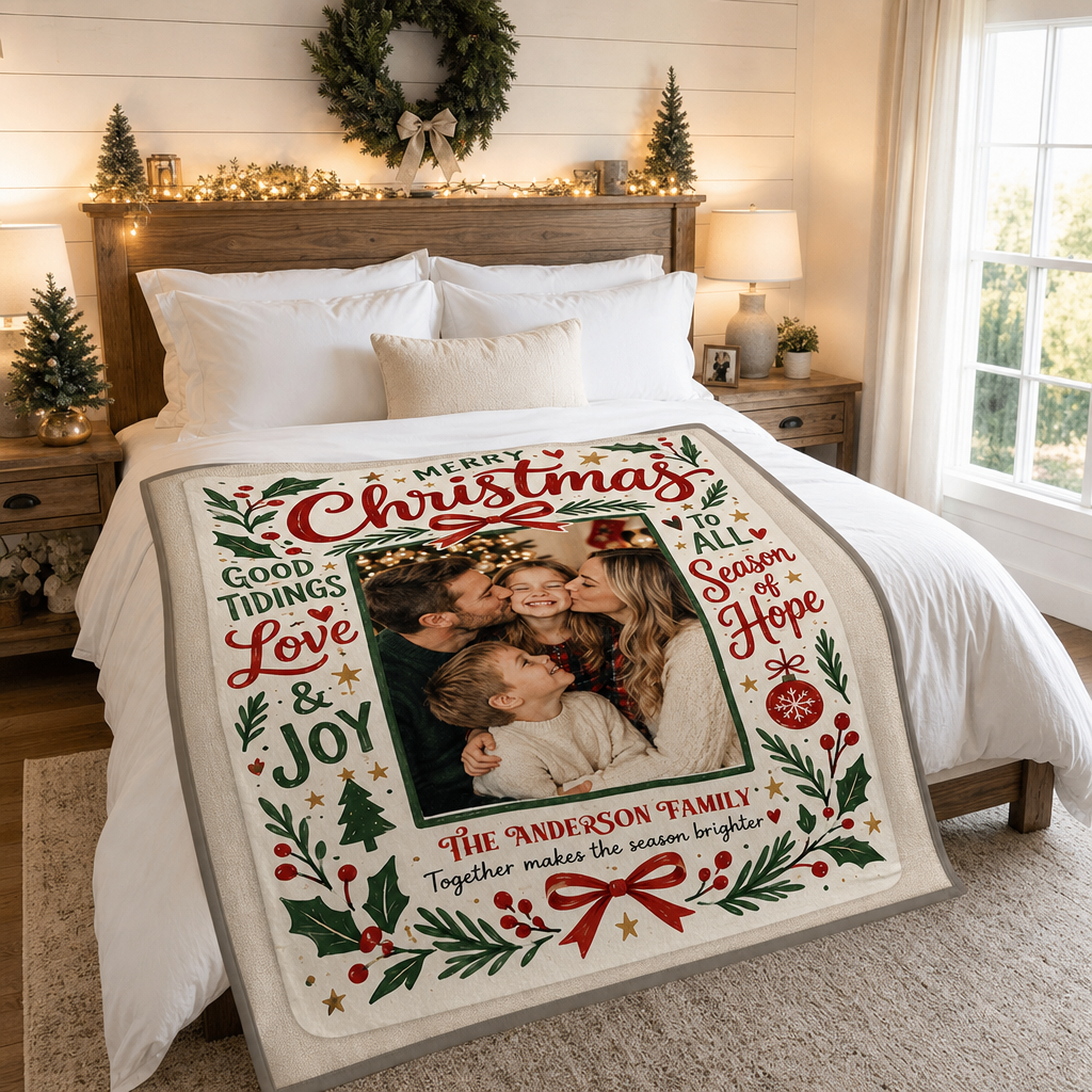 Personalized Photo Merry Christmas Vintage Blanket, Custom Family Name Holiday Fleece Blanket, Cozy Xmas Picture Keepsake Throw Gift