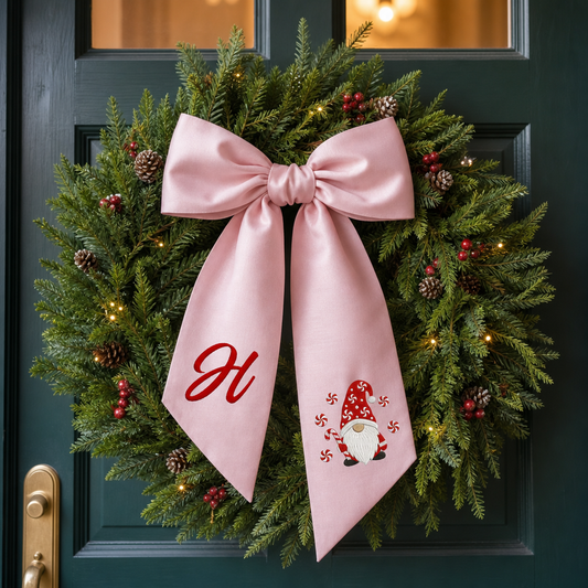 Personalized Monogram Christmas Gnome Embroidered Linen Wreath Sash, Custom Holiday Initial Bow Sash for Door Decor